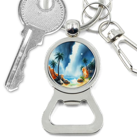 Delicate Watercolor Painting Surreal Oasis Scene With Intense Dramatic Lighting Bottle Opener Key Chain from ArtsNow.com Front