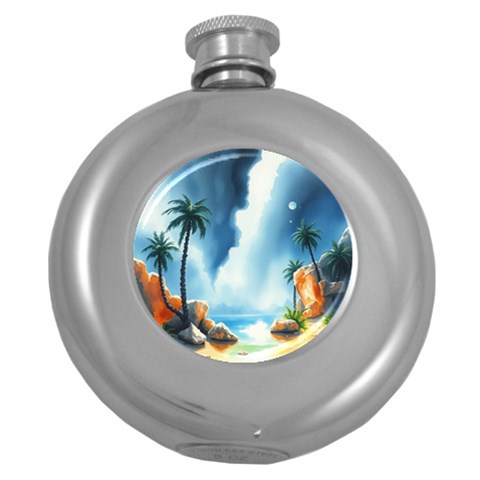 Delicate Watercolor Painting Surreal Oasis Scene With Intense Dramatic Lighting Round Hip Flask (5 oz) from ArtsNow.com Front