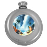 Delicate Watercolor Painting Surreal Oasis Scene With Intense Dramatic Lighting Round Hip Flask (5 oz)