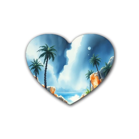 Delicate Watercolor Painting Surreal Oasis Scene With Intense Dramatic Lighting Rubber Heart Coaster (4 pack) from ArtsNow.com Front