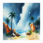 Delicate Watercolor Painting Surreal Oasis Scene With Intense Dramatic Lighting Medium Glasses Cloth