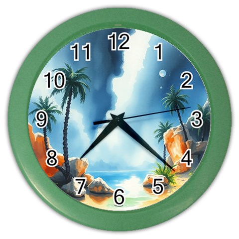 Delicate Watercolor Painting Surreal Oasis Scene With Intense Dramatic Lighting Color Wall Clock from ArtsNow.com Front