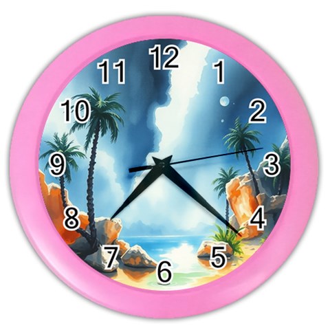 Delicate Watercolor Painting Surreal Oasis Scene With Intense Dramatic Lighting Color Wall Clock from ArtsNow.com Front