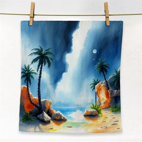 Delicate Watercolor Painting Surreal Oasis Scene With Intense Dramatic Lighting Face Towel from ArtsNow.com Front