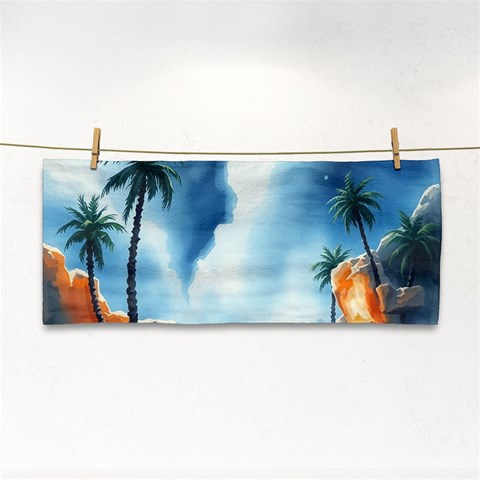 Delicate Watercolor Painting Surreal Oasis Scene With Intense Dramatic Lighting Hand Towel from ArtsNow.com Front