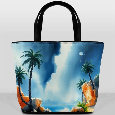 Delicate Watercolor Painting Surreal Oasis Scene With Intense Dramatic Lighting Bucket Bag from ArtsNow.com Front