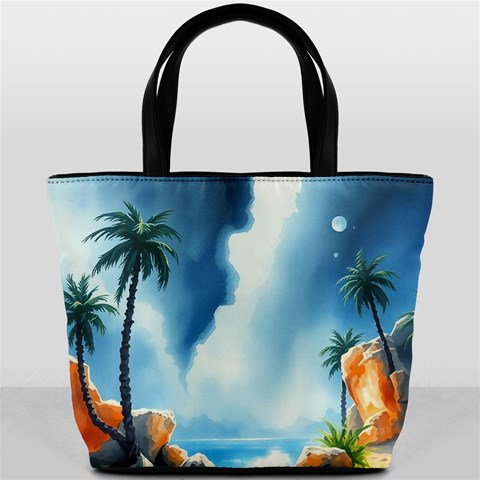 Delicate Watercolor Painting Surreal Oasis Scene With Intense Dramatic Lighting Bucket Bag from ArtsNow.com Back