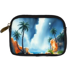 Delicate Watercolor Painting Surreal Oasis Scene With Intense Dramatic Lighting Digital Camera Leather Case from ArtsNow.com Front