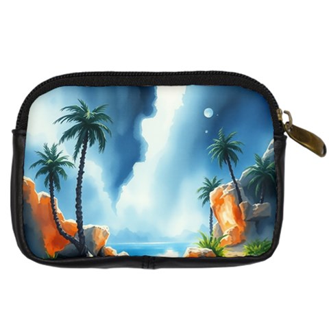 Delicate Watercolor Painting Surreal Oasis Scene With Intense Dramatic Lighting Digital Camera Leather Case from ArtsNow.com Back