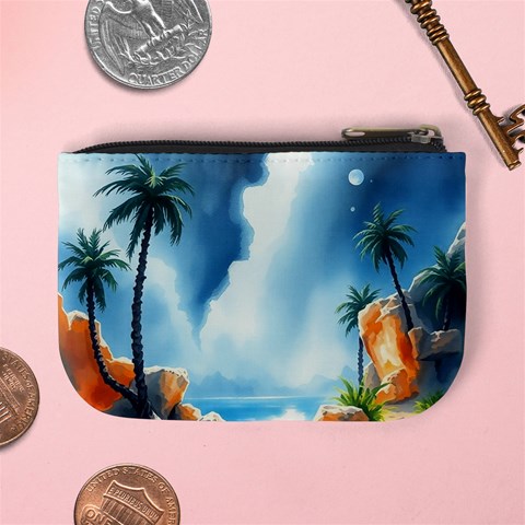 Delicate Watercolor Painting Surreal Oasis Scene With Intense Dramatic Lighting Mini Coin Purse from ArtsNow.com Back