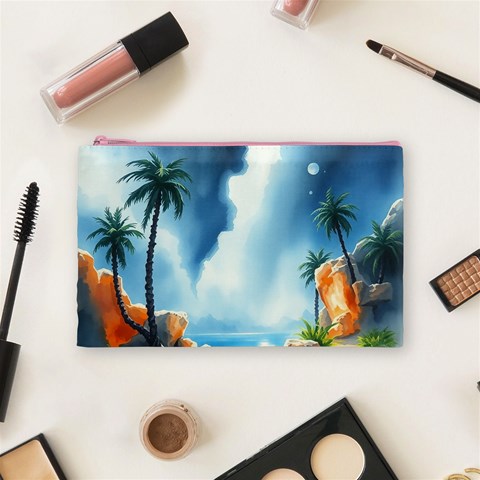 Delicate Watercolor Painting Surreal Oasis Scene With Intense Dramatic Lighting Cosmetic Bag (Medium) from ArtsNow.com Front