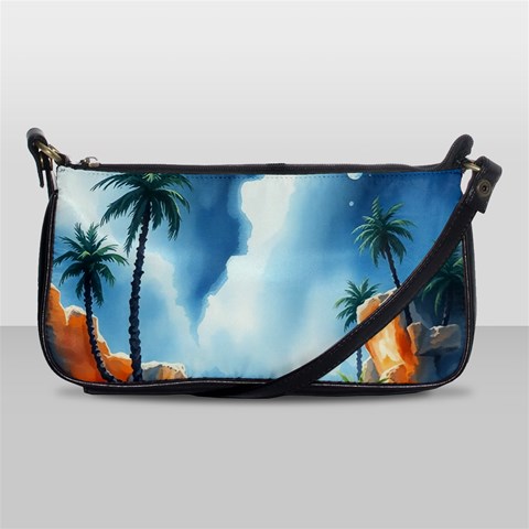 Delicate Watercolor Painting Surreal Oasis Scene With Intense Dramatic Lighting Shoulder Clutch Bag from ArtsNow.com Front