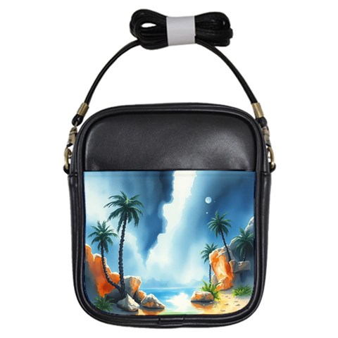 Delicate Watercolor Painting Surreal Oasis Scene With Intense Dramatic Lighting Girls Sling Bag from ArtsNow.com Front