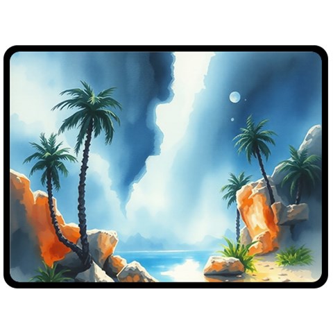 Delicate Watercolor Painting Surreal Oasis Scene With Intense Dramatic Lighting Fleece Blanket (Large) from ArtsNow.com 80 x60  Blanket Front