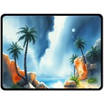 Delicate Watercolor Painting Surreal Oasis Scene With Intense Dramatic Lighting Fleece Blanket (Large)