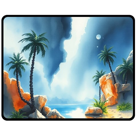 Delicate Watercolor Painting Surreal Oasis Scene With Intense Dramatic Lighting Fleece Blanket (Medium) from ArtsNow.com 60 x50  Blanket Front