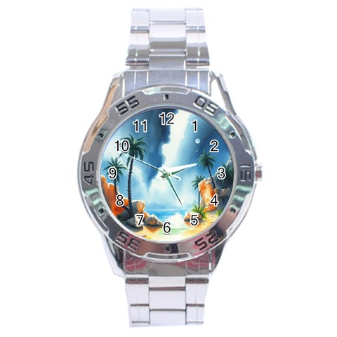 Delicate Watercolor Painting Surreal Oasis Scene With Intense Dramatic Lighting Stainless Steel Analogue Watch from ArtsNow.com Front