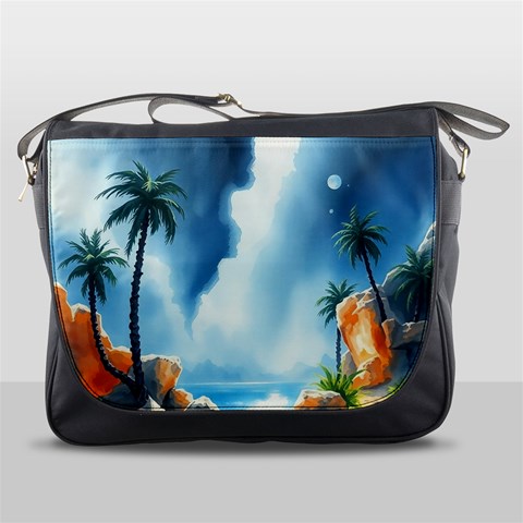 Delicate Watercolor Painting Surreal Oasis Scene With Intense Dramatic Lighting Messenger Bag from ArtsNow.com Front