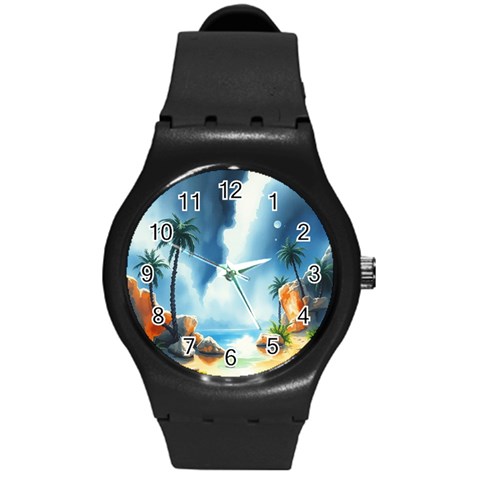 Delicate Watercolor Painting Surreal Oasis Scene With Intense Dramatic Lighting Round Plastic Sport Watch (M) from ArtsNow.com Front