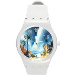 Delicate Watercolor Painting Surreal Oasis Scene With Intense Dramatic Lighting Round Plastic Sport Watch (M)