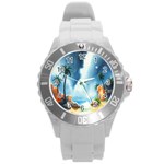 Delicate Watercolor Painting Surreal Oasis Scene With Intense Dramatic Lighting Round Plastic Sport Watch (L)