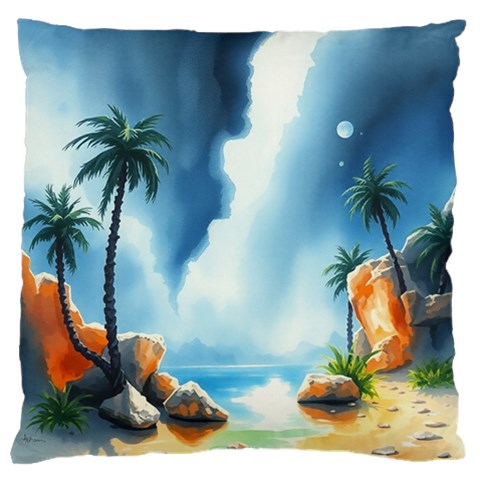 Delicate Watercolor Painting Surreal Oasis Scene With Intense Dramatic Lighting Large Cushion Case (One Side) from ArtsNow.com Front