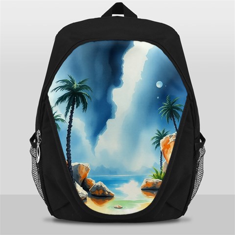 Delicate Watercolor Painting Surreal Oasis Scene With Intense Dramatic Lighting Backpack Bag from ArtsNow.com Front