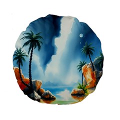 Delicate Watercolor Painting Surreal Oasis Scene With Intense Dramatic Lighting Standard 15  Premium Round Cushions from ArtsNow.com Front