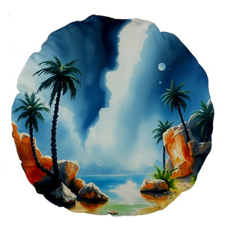 Delicate Watercolor Painting Surreal Oasis Scene With Intense Dramatic Lighting Large 18  Premium Round Cushions from ArtsNow.com Front