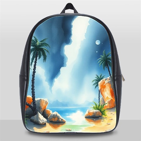 Delicate Watercolor Painting Surreal Oasis Scene With Intense Dramatic Lighting School Bag (XL) from ArtsNow.com Front