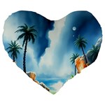 Delicate Watercolor Painting Surreal Oasis Scene With Intense Dramatic Lighting Large 19  Premium Heart Shape Cushions