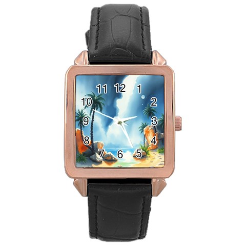 Delicate Watercolor Painting Surreal Oasis Scene With Intense Dramatic Lighting Rose Gold Leather Watch  from ArtsNow.com Front