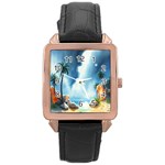 Delicate Watercolor Painting Surreal Oasis Scene With Intense Dramatic Lighting Rose Gold Leather Watch 