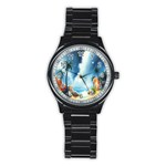 Delicate Watercolor Painting Surreal Oasis Scene With Intense Dramatic Lighting Stainless Steel Round Watch