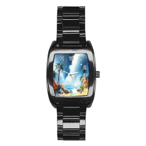 Delicate Watercolor Painting Surreal Oasis Scene With Intense Dramatic Lighting Stainless Steel Barrel Watch from ArtsNow.com Front