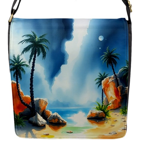 Delicate Watercolor Painting Surreal Oasis Scene With Intense Dramatic Lighting Flap Closure Messenger Bag (S) from ArtsNow.com Front