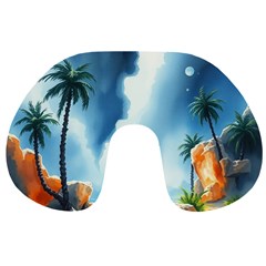 Delicate Watercolor Painting Surreal Oasis Scene With Intense Dramatic Lighting Travel Neck Pillow from ArtsNow.com Back