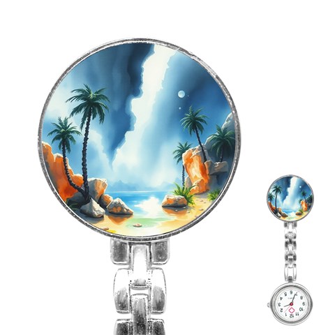 Delicate Watercolor Painting Surreal Oasis Scene With Intense Dramatic Lighting Stainless Steel Nurses Watch from ArtsNow.com Front