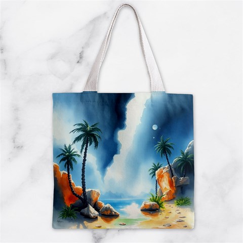 Delicate Watercolor Painting Surreal Oasis Scene With Intense Dramatic Lighting Zipper Grocery Tote Bag from ArtsNow.com Back