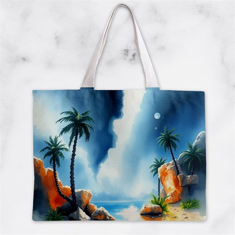 Delicate Watercolor Painting Surreal Oasis Scene With Intense Dramatic Lighting Zipper Mini Tote Bag from ArtsNow.com Front