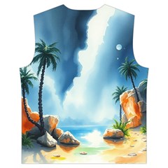 Delicate Watercolor Painting Surreal Oasis Scene With Intense Dramatic Lighting Men s High Neck Button Up Puffer Vest from ArtsNow.com Back