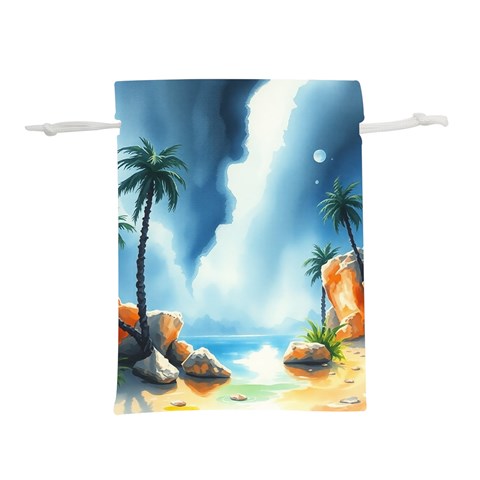 Delicate Watercolor Painting Surreal Oasis Scene With Intense Dramatic Lighting Lightweight Drawstring Pouch (L) from ArtsNow.com Front