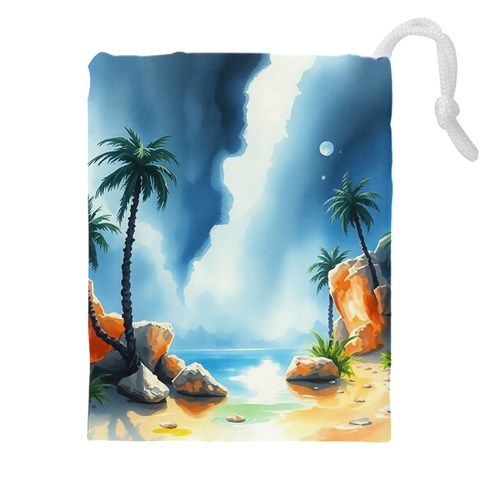 Delicate Watercolor Painting Surreal Oasis Scene With Intense Dramatic Lighting Drawstring Pouch (4XL) from ArtsNow.com Front