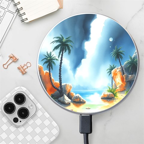 Delicate Watercolor Painting Surreal Oasis Scene With Intense Dramatic Lighting Wireless Fast Charger(White) from ArtsNow.com Front