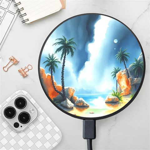 Delicate Watercolor Painting Surreal Oasis Scene With Intense Dramatic Lighting Wireless Fast Charger(Black) from ArtsNow.com Front