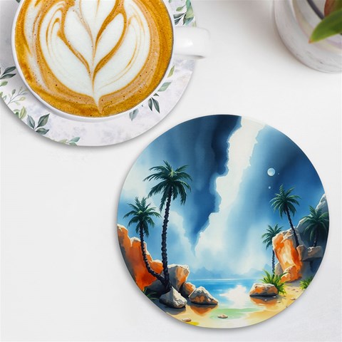 Delicate Watercolor Painting Surreal Oasis Scene With Intense Dramatic Lighting UV Print Round Tile Coaster from ArtsNow.com Front