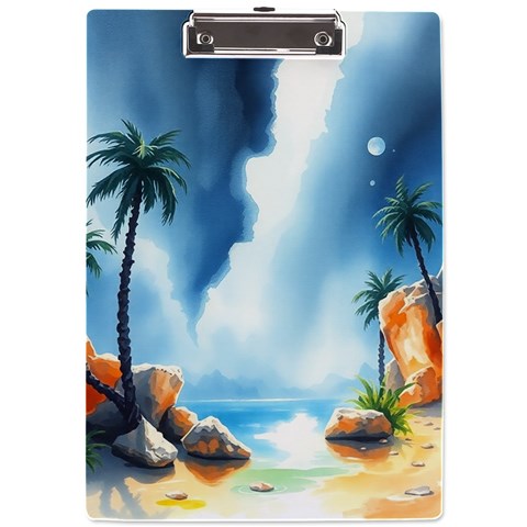 Delicate Watercolor Painting Surreal Oasis Scene With Intense Dramatic Lighting A4 Acrylic Clipboard from ArtsNow.com Front