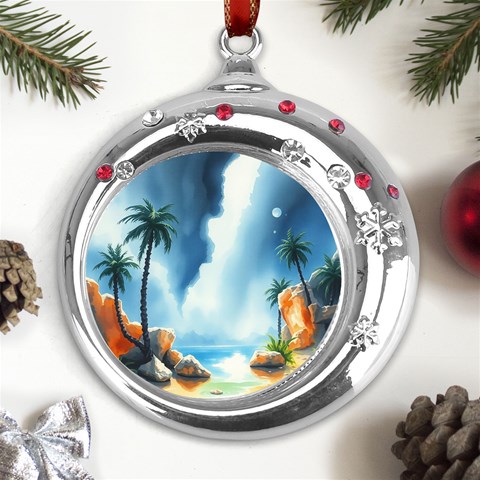 Delicate Watercolor Painting Surreal Oasis Scene With Intense Dramatic Lighting Metal Snowflake Red Crystal Round Ornament from ArtsNow.com Front