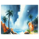 Delicate Watercolor Painting Surreal Oasis Scene With Intense Dramatic Lighting Premium Plush Fleece Blanket (Medium)