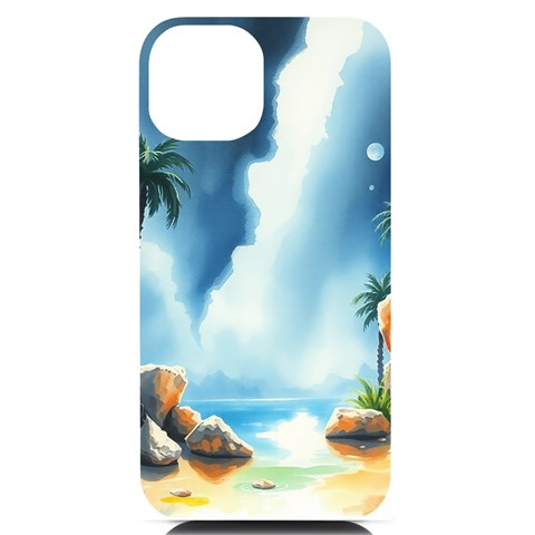 Delicate Watercolor Painting Surreal Oasis Scene With Intense Dramatic Lighting iPhone 14 Black UV Print PC Hardshell Case from ArtsNow.com Front